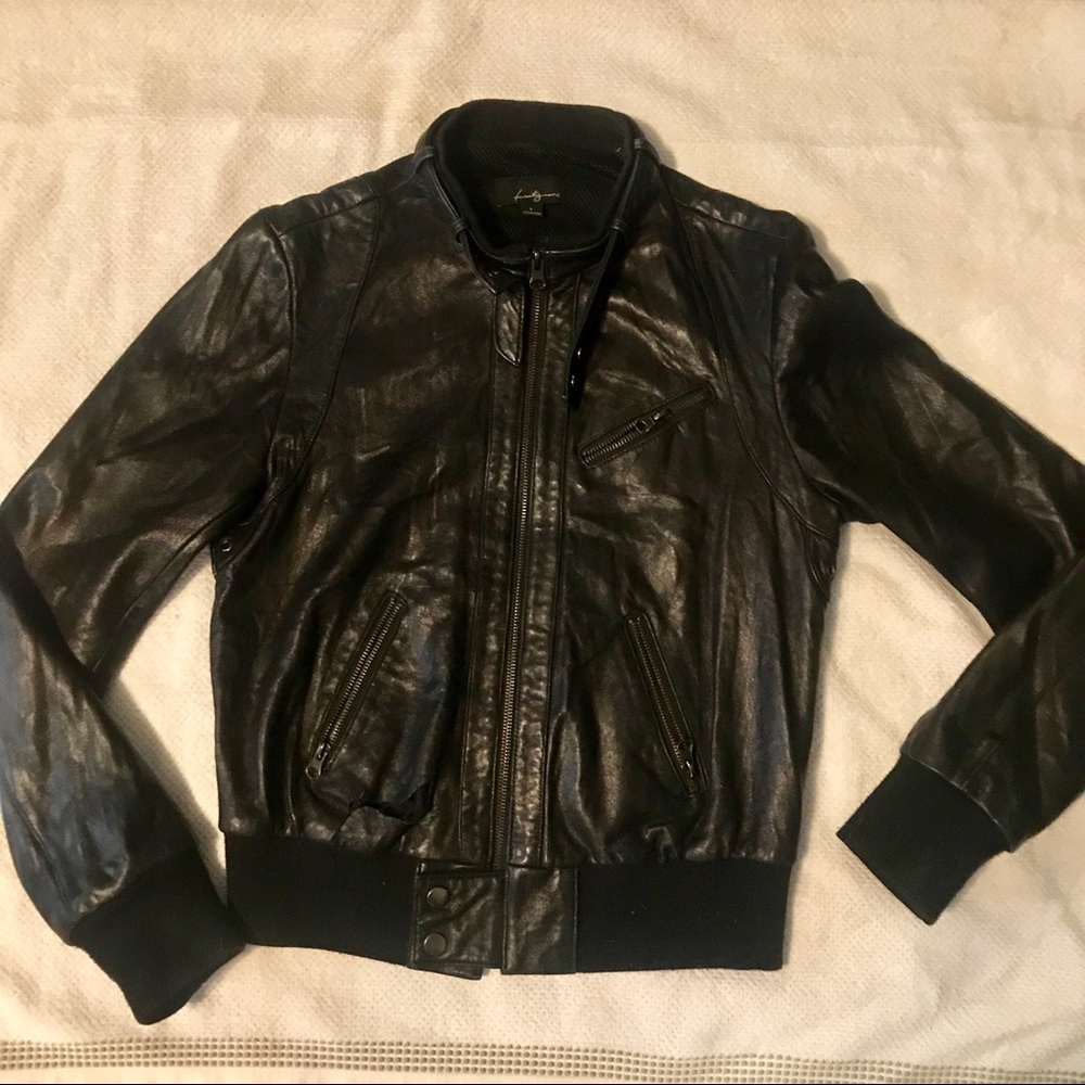 Black Leather Moto Jacket with Zippers and Snaps - Picture 3 of 7